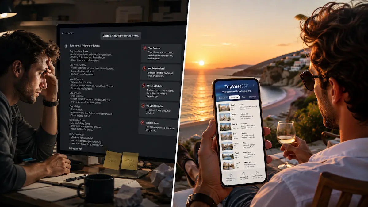 Close-up of an AI travel itinerary dashboard showing structured flight and hotel routing data on a martphone.