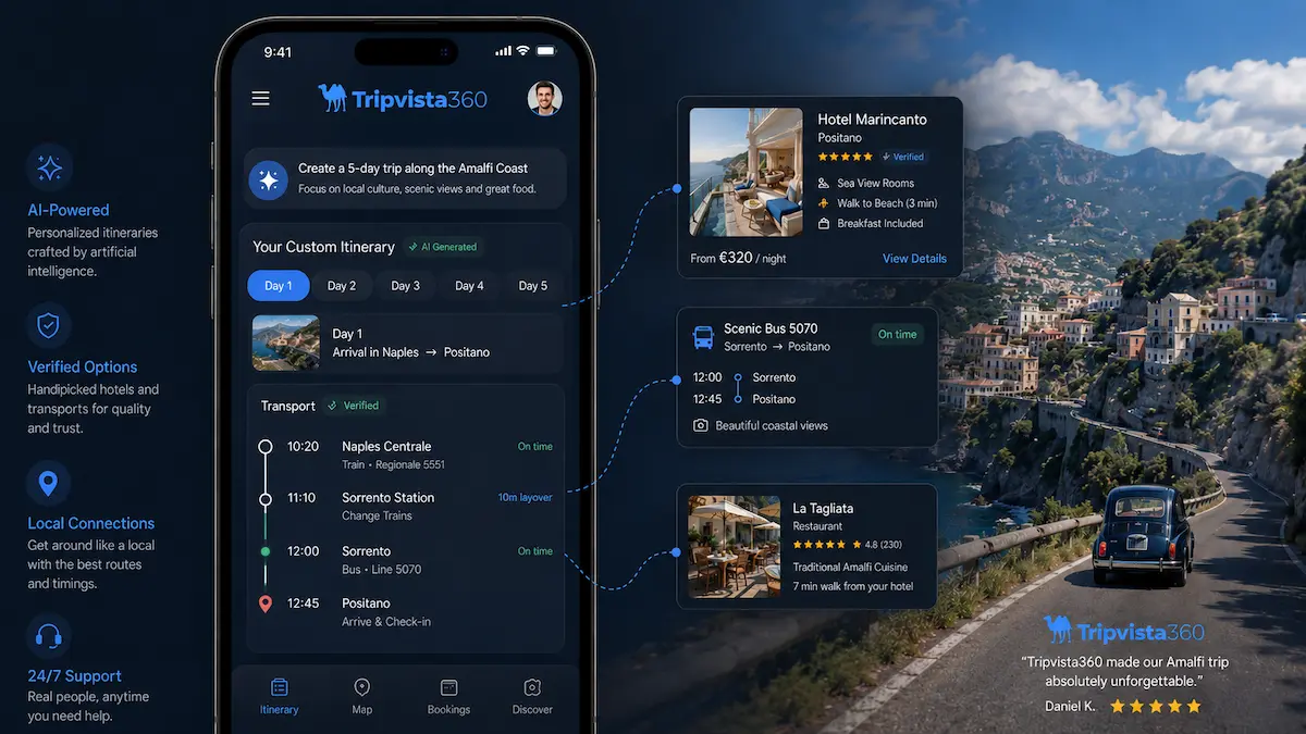 Traveler checking in at a luxury Paris hotel using a personalized AI travel route on their smartphone.