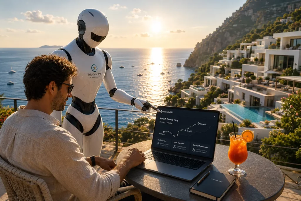 AI Travel Agent vs Generic AI: Why LLMs Fail at Trip Planning Sleek AI travel agent robot planning a luxury European trip on a smartphone with an Amalfi Coast sunset view.